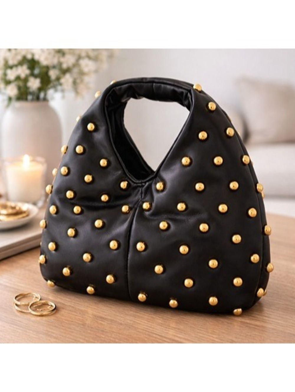 Dolce Vita Black Faux Leather Studded Handle Bag